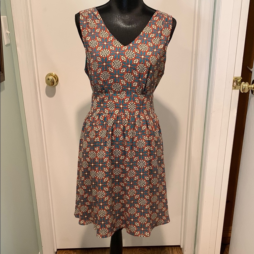 Darling Coral Pink, White and Teal Blue  Sleeveless V-Neck Sundress